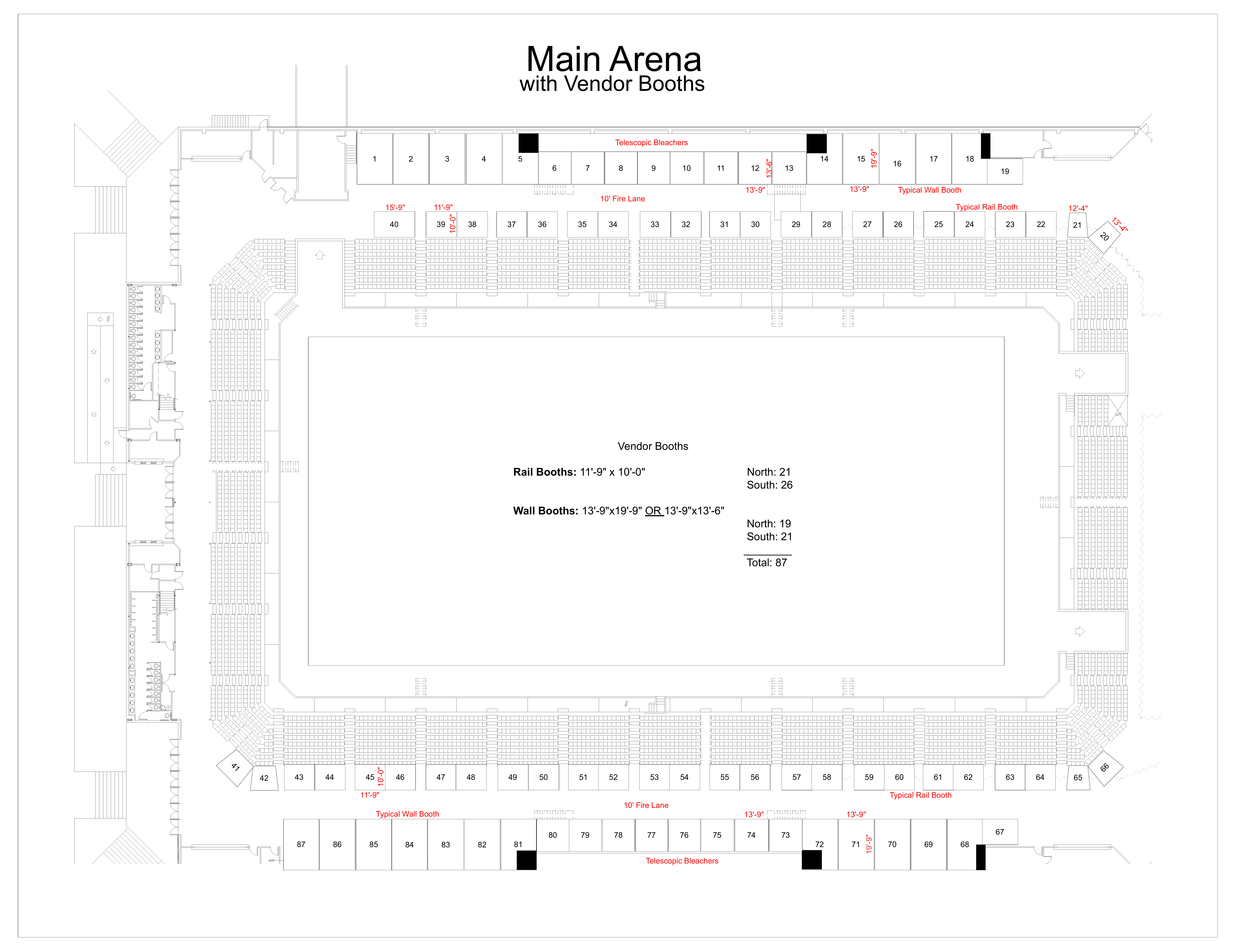 Main arena map with numbered vendor booths 1 to 87